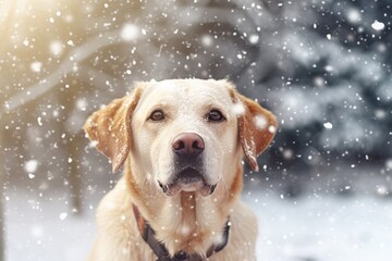 Cute labrador retriever dog portrait in snowy winter park.