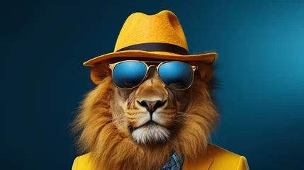Foto op Plexiglas Portrait of lion wearing yellow suit and sunglasses. © Shanorsila