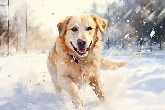 Digital illustration painting of a golden retriever running in the snow in winter