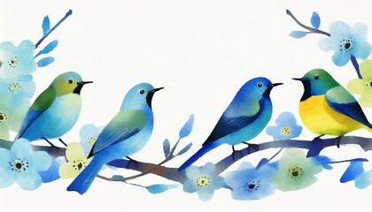 カラフルでかわいい鳥がとまっている枝の罫線 - obrazy, fototapety, plakaty