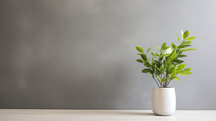 Artificial plant in a vase on a table. Wall with copy space.