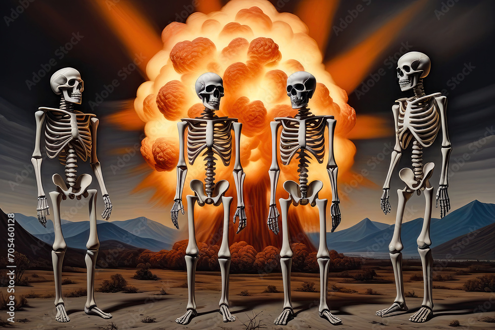 Canvas Prints There are human skeletons in the background of a nuclear explosion. The concept of apocalypse, the end of the world.