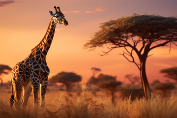 Generative AI Image of Giraffe Animal with Prairie in African Savanna at Sunset
