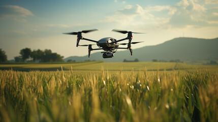 Quadcopter drone flying over a farm.