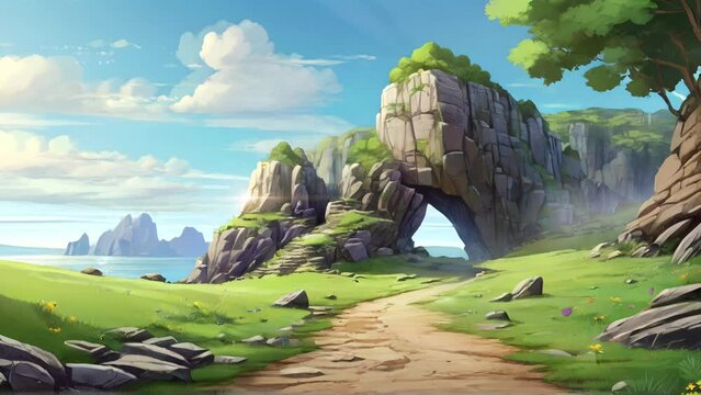 Animated illustration of a rock cave, located on a steep cliff with beautiful natural views. Background animation.