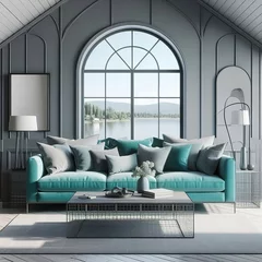 Gordijnen The Scandinavian farmhouse style living room features a metal coffee table, turquoise sofa, mirror, and modern accents, with a view of the lake and gray frame AI Generated © Asad