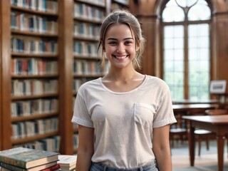 Young smiling girl college student at the library
