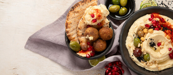 Traditional homemade hummus, falafel and pita.