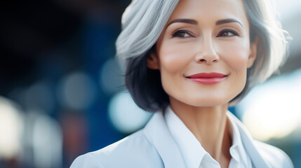 Beautiful modern middle-aged financial businesswoman looking at camera and smiling, against backdrop of business offices