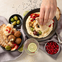 Traditional homemade hummus, falafel and pita.