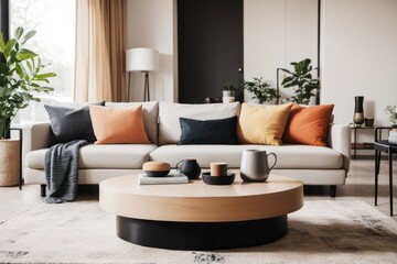 Scandinavian interior home design of modern living room with beige sofa and round table with home decoration