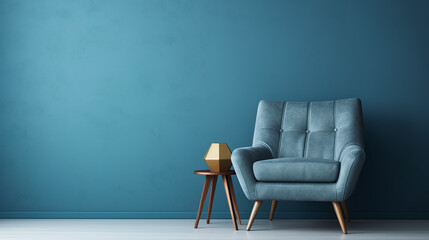 Modern blue armchair. Blue wall with copy space.