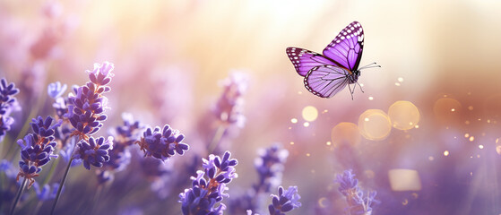 Morning panaromic view of flying butterfly over a blooming  lavender.
