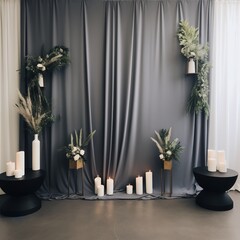 Elegant wedding backdrop with gray curtain and floral arrangements
