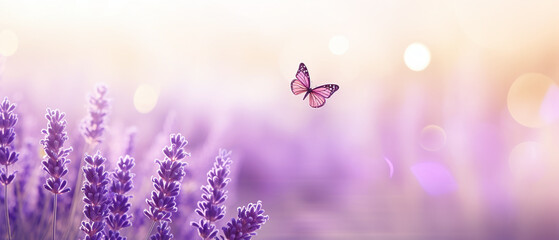 Morning panaromic view of flying butterfly over a blooming  lavender.