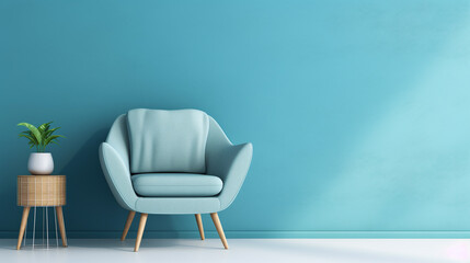 Modern blue armchair. Blue wall with copy space.
