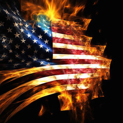 USA flag is on fire.