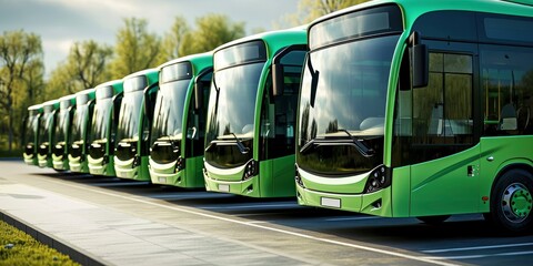 Green electric buses in a row. - obrazy, fototapety, plakaty