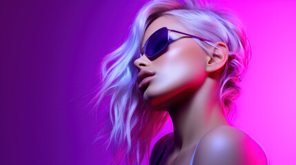 model with striking blond hair confidently poses against a dynamic backdrop of vivid neon pink and blue lights