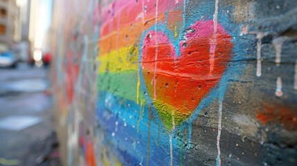 Rainbow heart paintings hidden around city walls. valentines day