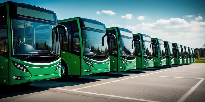 Green electric buses in a row.