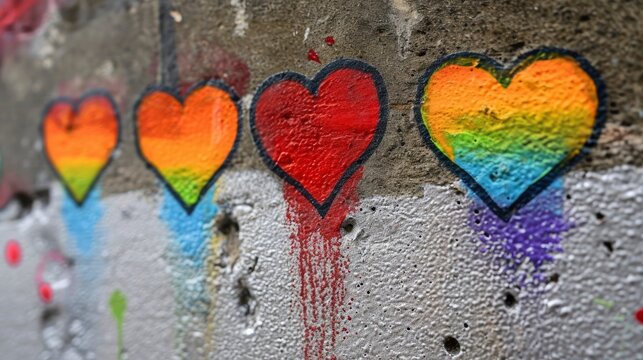 Rainbow heart paintings hidden around city walls. valentines day