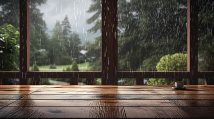 Empty wooden table for mockup with a background of forest on a rainy day.
