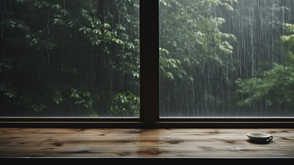 Empty wooden table for mockup with a background of forest on a rainy day.