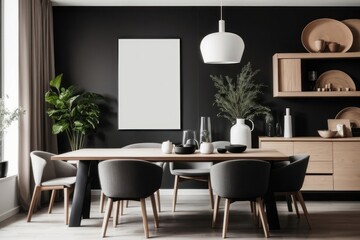 Scandinavian interior home design of modern dining room with wooden cabinet and shelves with empty mock poster frames on black wall