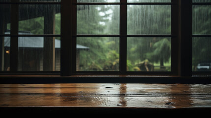 Empty wooden table for mockup with a background of forest on a rainy day.