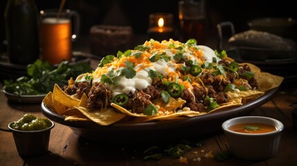 Nachos is a spicy Mexican dish made from potato chips and meat with spices