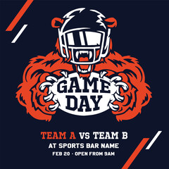 VECTORS. Poster template for an American Football Game Day. Invitation, flyer, ad, watch party, sports bar, orange, dark navy, bear mascot, vintage