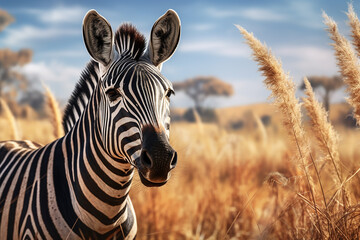 Fototapeta na wymiar Generative AI Image of Zebra Animal with Prairie in African Savanna