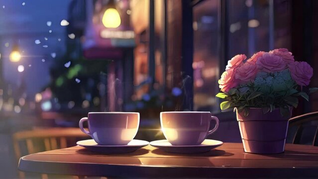 Animated illustration of a cup of warm coffee at a cafe table at night. illustration of a peaceful coffee shop at night. Background animation.