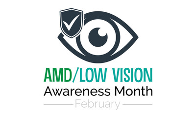 Obraz premium Amd/low vision awareness month observed every year in month of february. Vector health banner, poster, template design.