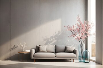 Interior home design of modern living room with twigs of blooming flowers in a glass vase with copy space