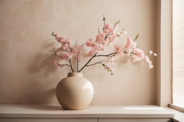 Interior home design of modern living room with twigs of blooming flowers in clay vase with copy space wall