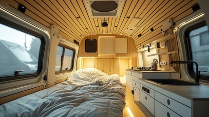 Interior of a compact, Modern camper van. Generative AI.