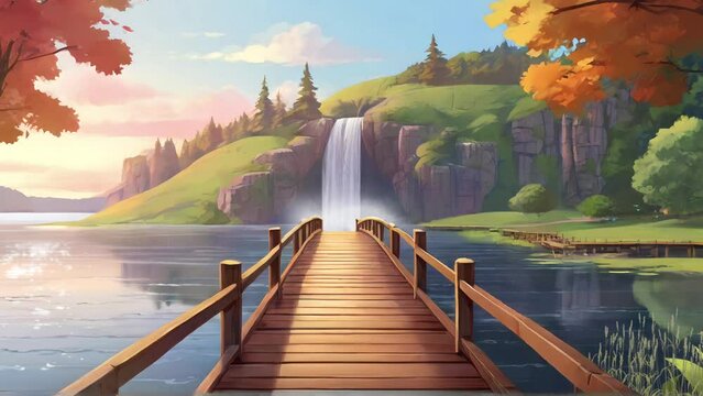 Animated illustration of a wooden bridge over a calm lake, with a beautiful view of a waterfall. Illustration of a peaceful natural scene. Background animation.