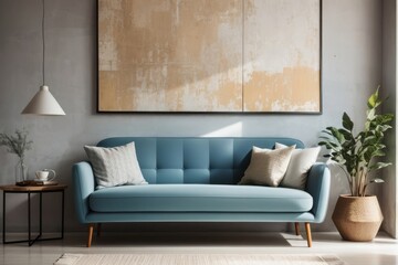 Interior home design of modern living room with blue and cream sofa with abstract art posters on the wall