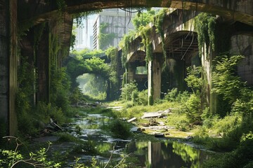 : A desolate urban environment consumed by overgrown vegetation, where nature has reclaimed the...