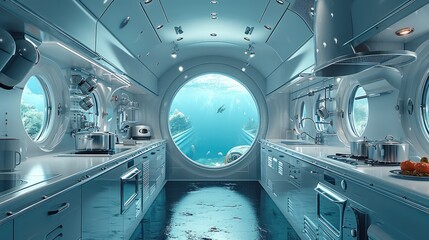 A luxurious kitchen in a submarine immersed in the depths of the ocean. Generative AI.
