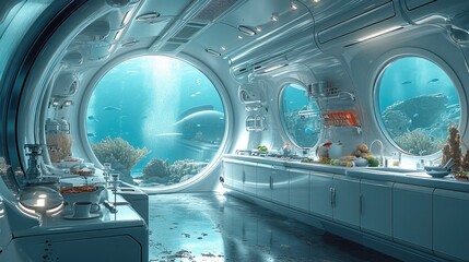 A luxurious kitchen in a submarine immersed in the depths of the ocean. Generative AI.
