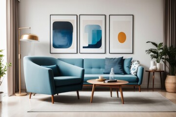 Interior home design of modern living room with blue armchair and wooden table with canvas abstract art posters on the wall