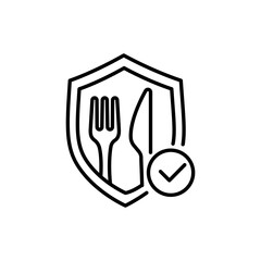 Food safety icon, shield with fork and knife, ecological pure product, thin line symbol - editable stroke vector illustration