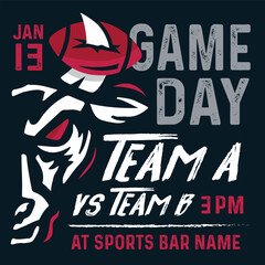 VECTORS. Poster template for an American Football Game Day. Invitation, flyer, ad, watch party, sports bar, bull mascot, red, deep blue, white, graffiti