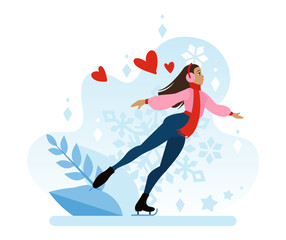 Figure skating on ice in winter. A girl in warm headphones and ice skates on her feet rides on ice. A winter sport. Flat vector illustration in cartoon style