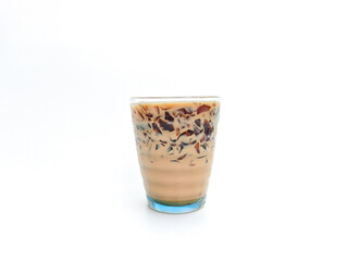 Isolated on white background. a mixture of cappuccino coffee and sweetened condensed milk with the...