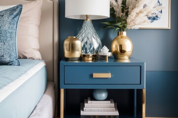 Interior home design of modern bedroom with blue bedside cabinet and bedroom lamp