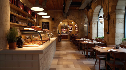 Interior of an Italian Pizza restaurant. Generative AI. - obrazy, fototapety, plakaty